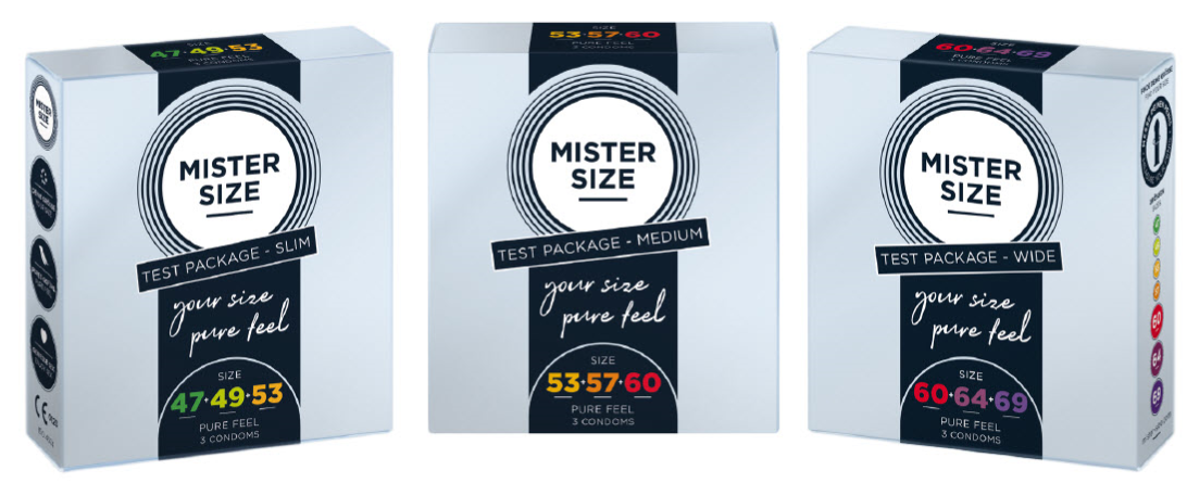 Tiga paket tes kondom Mister Size yang berbeda